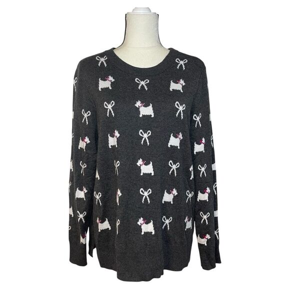 Karen Scott Gray Crew Neck Sweater with Playful Dog Bow Pattern Extra Large - Picture 1 of 10